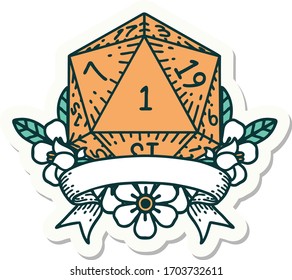 sticker of a natural one d20 dice roll