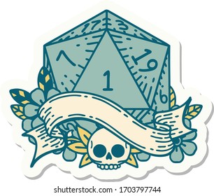 sticker of a natural one d20 dice roll
