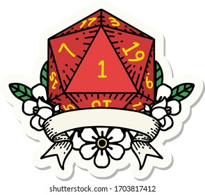 sticker of a natural one d20 dice roll