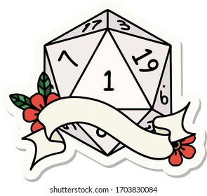 sticker of a natural one d20 dice roll