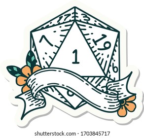 sticker of a natural one d20 dice roll