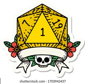 sticker of a natural one d20 dice roll