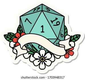 sticker of a natural one d20 dice roll