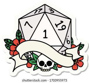 sticker of a natural one d20 dice roll