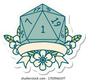 sticker of a natural one d20 dice roll