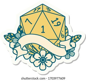 sticker of a natural one d20 dice roll