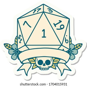 sticker of a natural one d20 dice roll