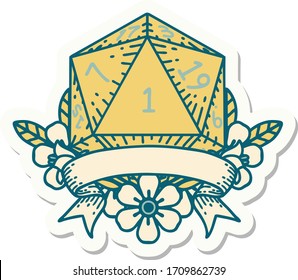 sticker of a natural one d20 dice roll