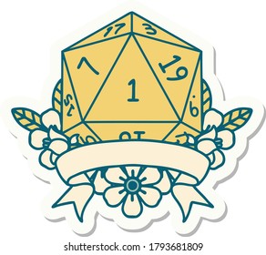 sticker of a natural one d20 dice roll