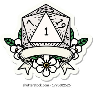 sticker of a natural one d20 dice roll