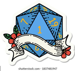 sticker of a natural one d20 dice roll