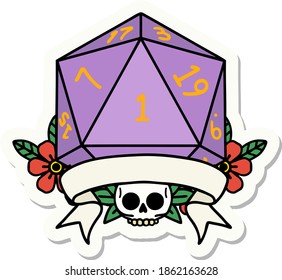 sticker of a natural one d20 dice roll