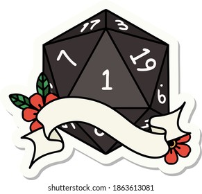 sticker of a natural one d20 dice roll