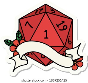 sticker of a natural one d20 dice roll