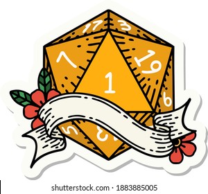 sticker of a natural one d20 dice roll