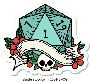 sticker of a natural one d20 dice roll