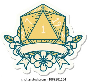 sticker of a natural one d20 dice roll