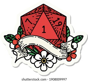 sticker of a natural one d20 dice roll