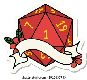 sticker of a natural one d20 dice roll