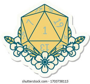 sticker of a natural one dice roll with floral elements