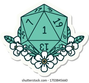 sticker of a natural one dice roll with floral elements