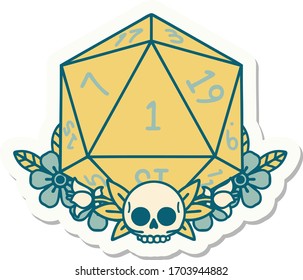 sticker of a natural one dice roll with floral elements