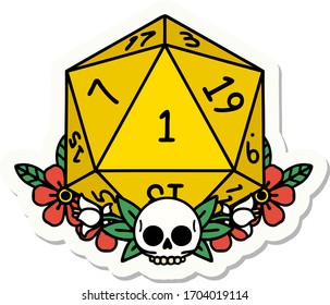 sticker of a natural one dice roll with floral elements