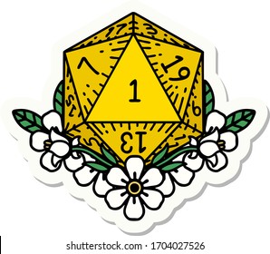 sticker of a natural one dice roll with floral elements