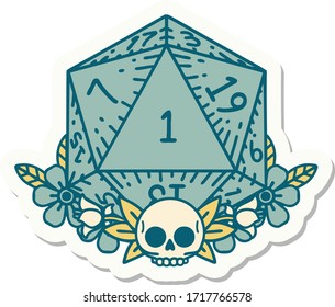 sticker of a natural one dice roll with floral elements