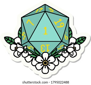 sticker of a natural one dice roll with floral elements