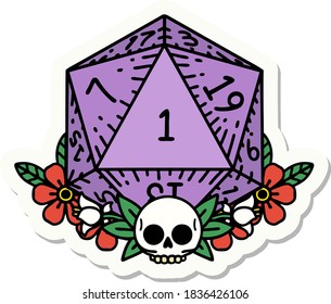 sticker of a natural one dice roll with floral elements