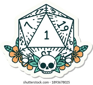 sticker of a natural one dice roll with floral elements