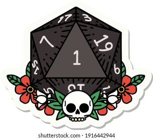 sticker of a natural one dice roll with floral elements