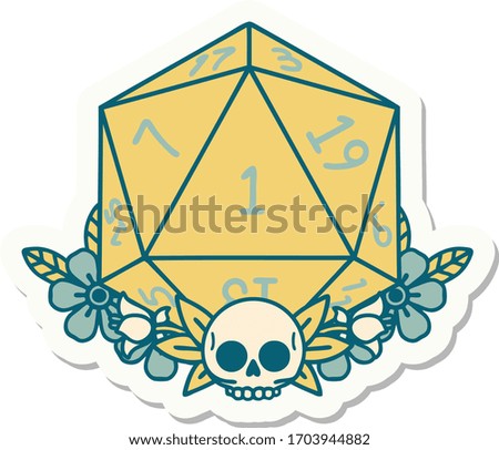 sticker of a natural one dice roll with floral elements