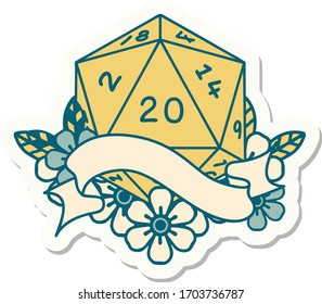 sticker of a natural twenty D20 dice roll