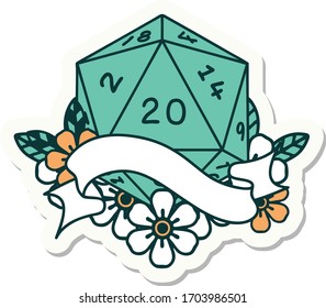 sticker of a natural twenty D20 dice roll
