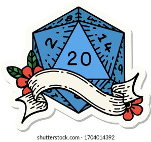 sticker of a natural twenty D20 dice roll