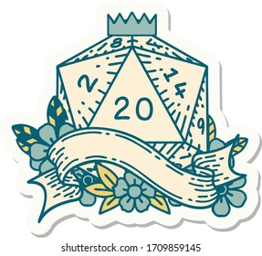 sticker of a natural twenty D20 dice roll