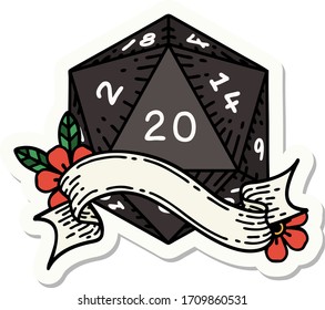 sticker of a natural twenty D20 dice roll