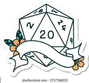 sticker of a natural twenty D20 dice roll