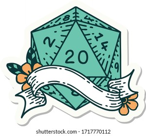 sticker of a natural twenty D20 dice roll