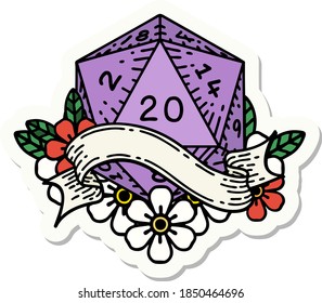 sticker of a natural twenty D20 dice roll