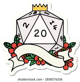 sticker of a natural twenty D20 dice roll