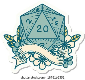 sticker of a natural twenty D20 dice roll
