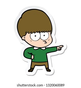 sticker of a nervous cartoon boy pointing
