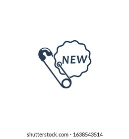 The sticker  new, fastened with a pin. Vector linear icon on a white background.