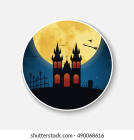 Sticker with a night blue sky and the moon, the hill on which the castle stands, fence I brooms witches. Template icons for Halloween. Vector illustration