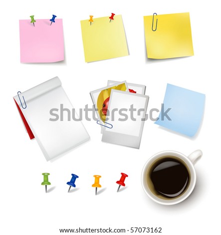 Sticker notes and a cup of coffee. Photo-realistic vector.