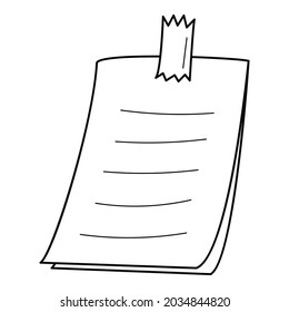 A sticker with notes on tape. A paper note with a to-do list. Linear icon. Hand-drawn black and white vector illustration. Isolated on a white background.