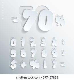 Sticker numbers and others elements alphabet. Carved of white cardboard letters, with varying degrees of bias. Volumetric letters with thin round-up angles. Vector illustration